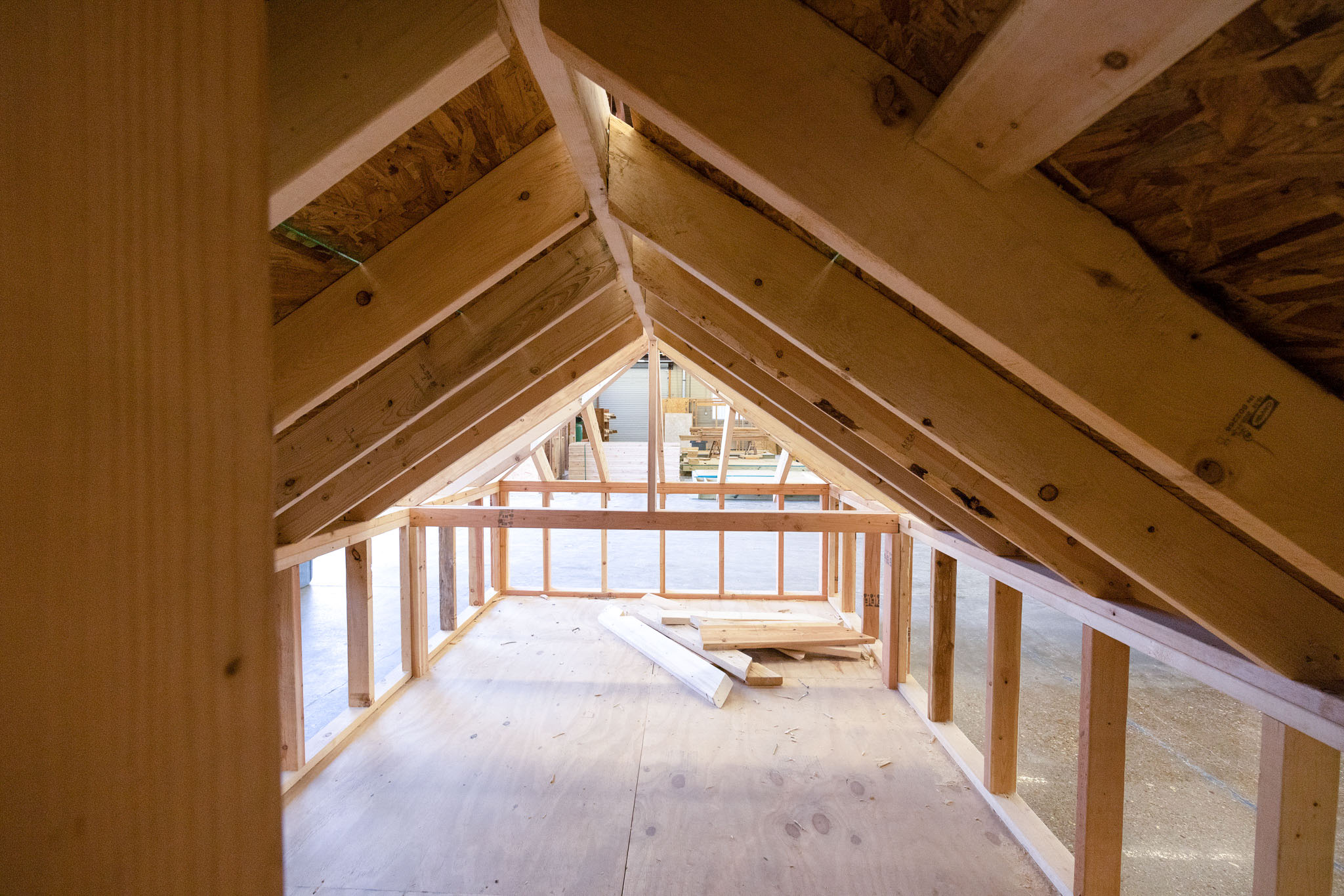 Interior view of a small wooden structure under construction, showing exposed roof rafters, wall studs, and loose boards on the floor inside a workshop.