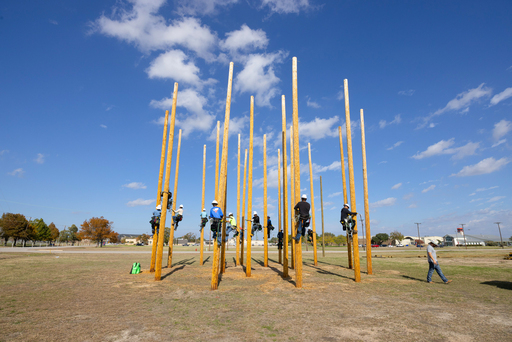 A group of students wearing safety gear climb and work on tall wooden utility poles arranged in a training field, practicing skills under a blue sky.