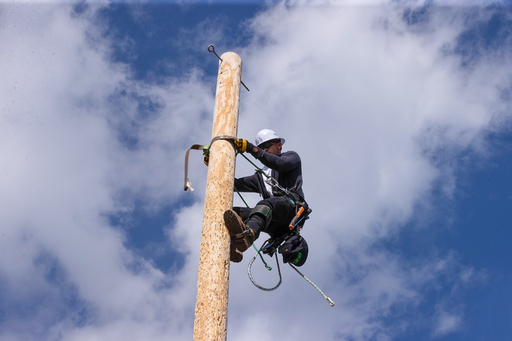 A student wearing a helmet and safety harness climbs a tall wooden utility pole using climbing spikes and a safety strap, high against a partly cloudy sky.