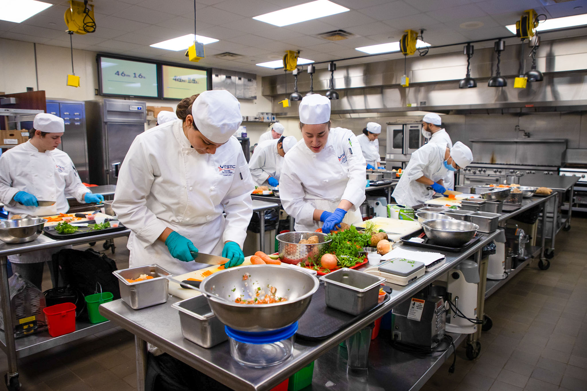 Culinary students in white chef uniforms and blue gloves work side by side at stainless steel stations, chopping vegetables and preparing ingredients in a commercial training kitchen.