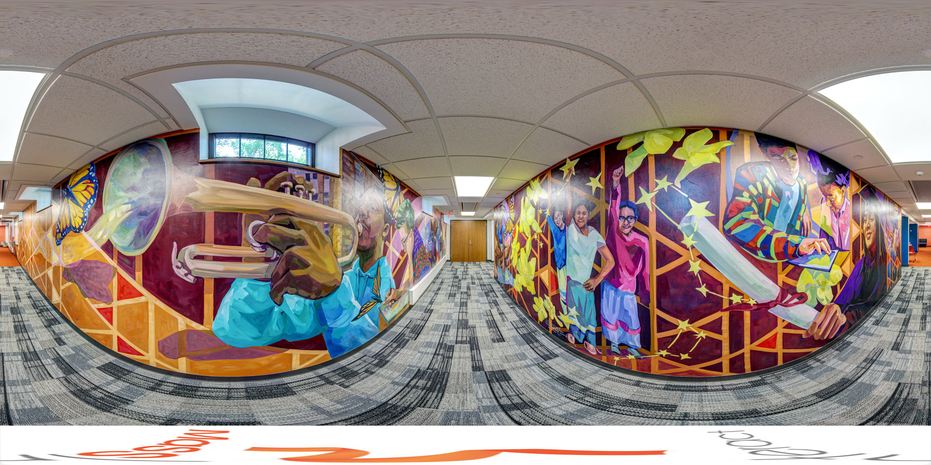 Panoramic view of a brightly colored hallway mural featuring people playing instruments, reading, and engaging in various activities, surrounded by butterflies and stars. The mural spans the length of the hallway with vibrant, energetic imagery.